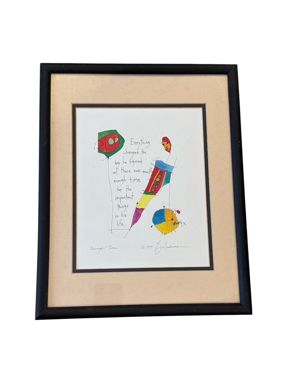 95 STORY PEOPLE BRIAN ANDREAS SIGNED WHIMSICAL FRAMED PRINT ENOUGH TIME 12"X15"